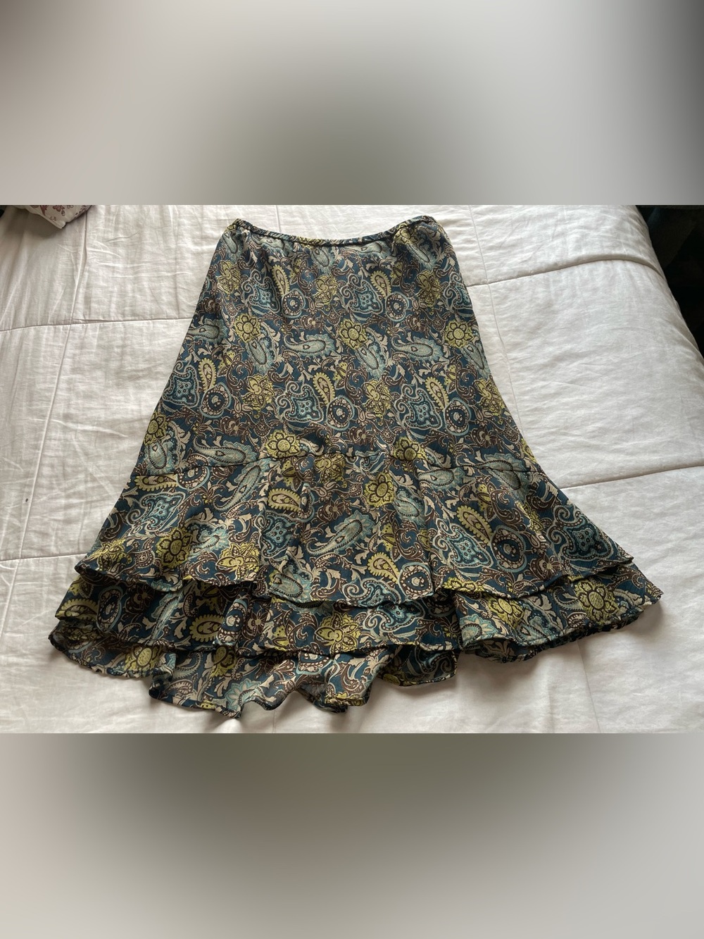 Vintage Blue Green Paisley Pull On Chiffon Midi Skirt Medium Boho Forest Fairy